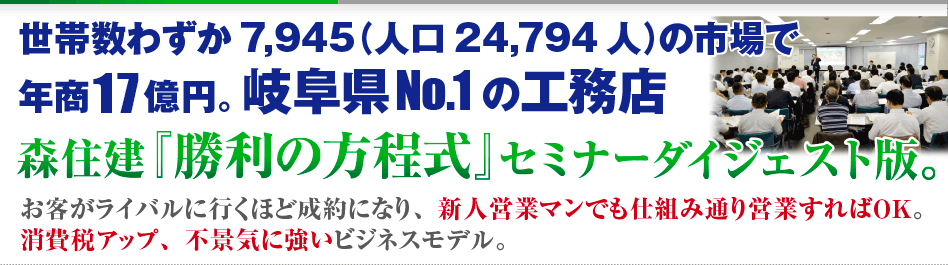 世帯数わずか7,945（人口24,794人）の市場で年商13億円。岐阜県No.1の工務店。森住建『勝利の方程式』セミナーダイジェスト版。お客がライバルに行くほど成約になり、新人営業マンでも仕組み通り営業すればＯＫ。消費税アップ、不景気に強いビジネスモデル。